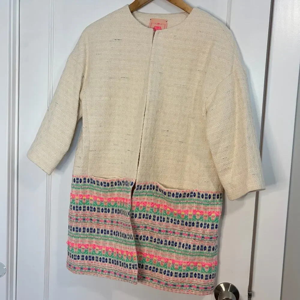 Anthropologie Vilagallo Embroidered Woven Tweed Long Jacket
